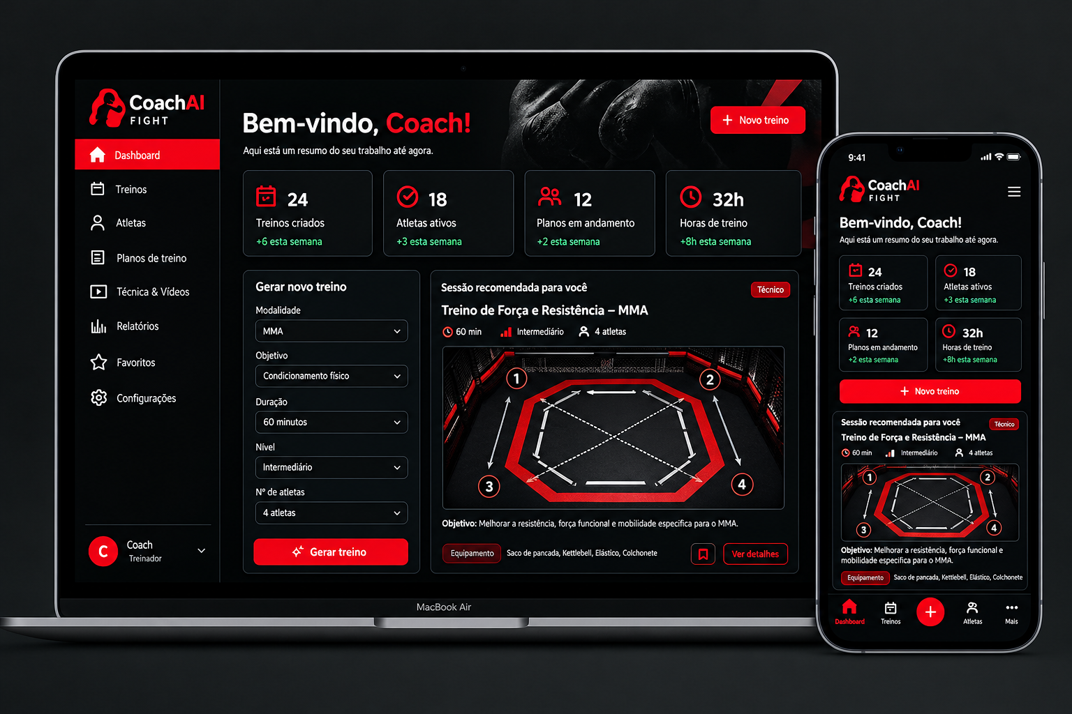 Interface do CoachAI Fight no notebook e no celular, com painel do professor, gerador de treinos e sessão recomendada